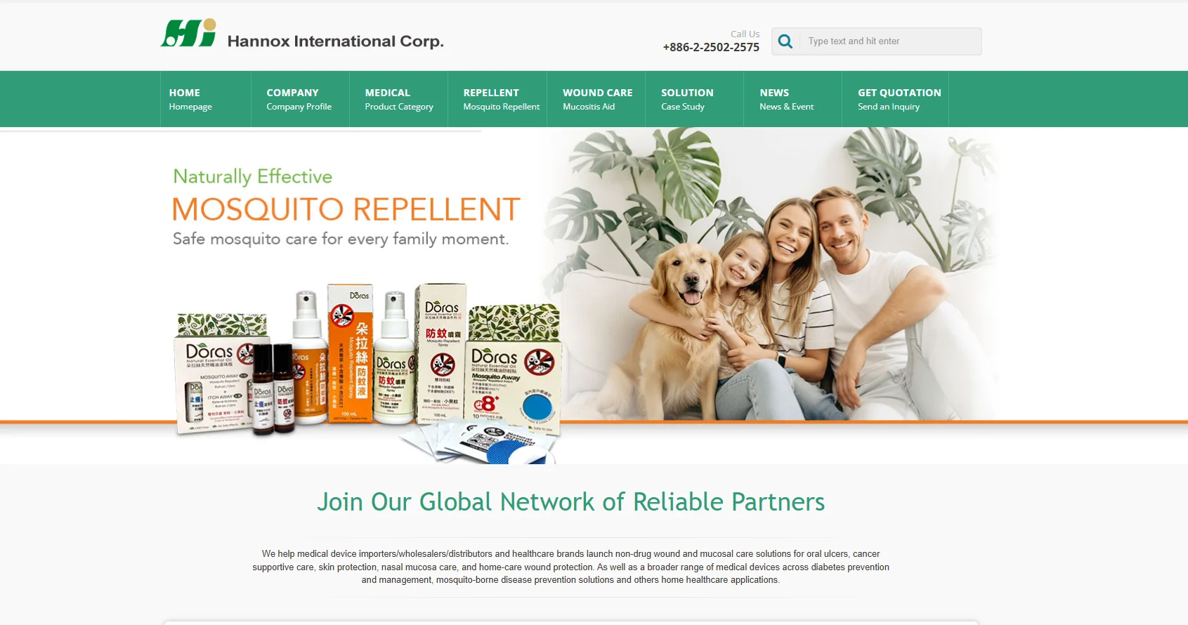 Hannox mosquito repellent product lineup showcased alongside a family sitting on a couch with their golden retriever, surrounded by indoor plants.